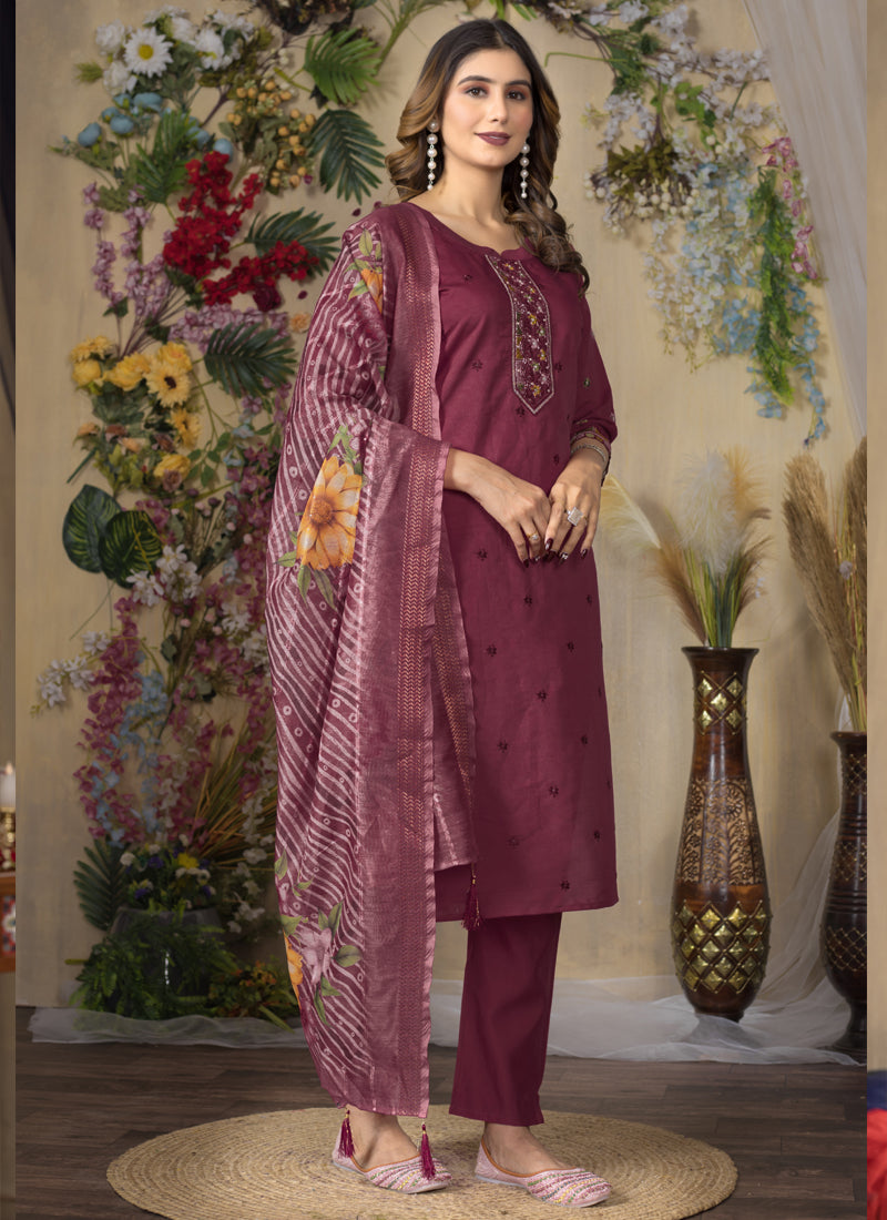 Prazu Fashion Wine Roman Silk Thread Embroidered Designer Kurta Set - Distacart