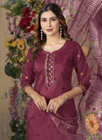 Prazu Fashion Wine Roman Silk Thread Embroidered Designer Kurta Set - Distacart