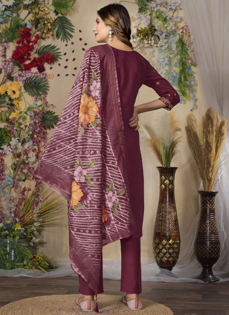 Prazu Fashion Wine Roman Silk Thread Embroidered Designer Kurta Set - Distacart