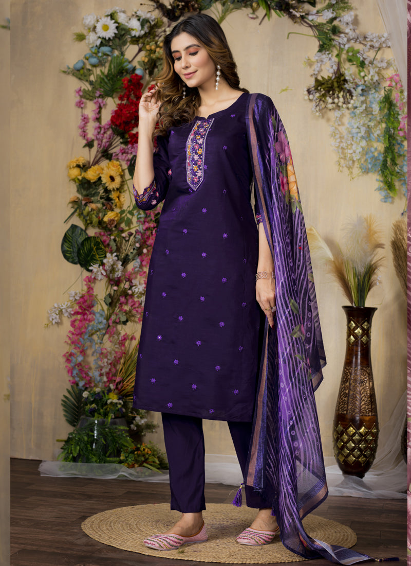 Prazu Fashion Purple Roman Silk Thread Embroidered Designer Kurta Set - Distacart