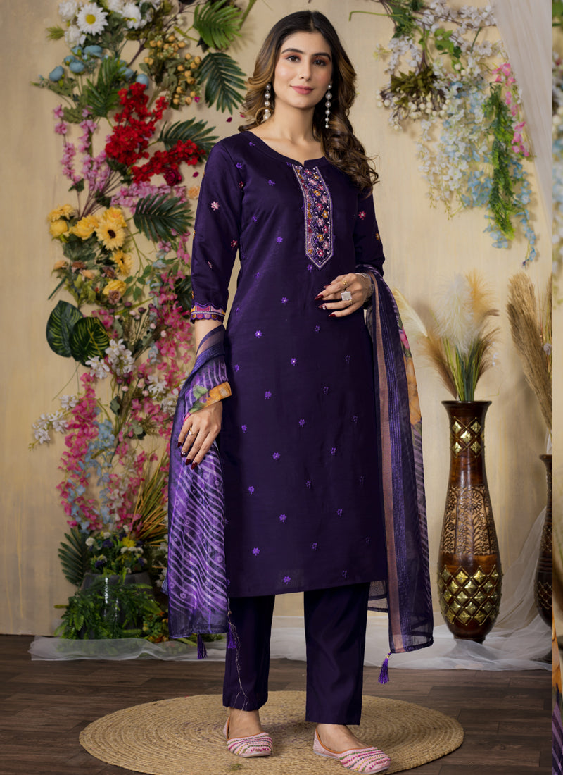 Prazu Fashion Purple Roman Silk Thread Embroidered Designer Kurta Set - Distacart