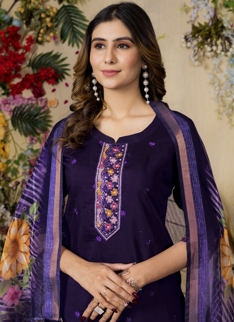 Prazu Fashion Purple Roman Silk Thread Embroidered Designer Kurta Set - Distacart