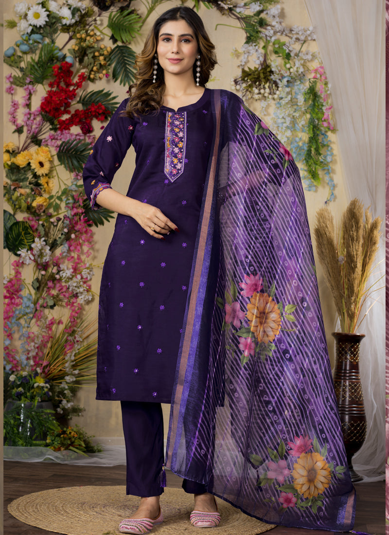 Prazu Fashion Purple Roman Silk Thread Embroidered Designer Kurta Set - Distacart