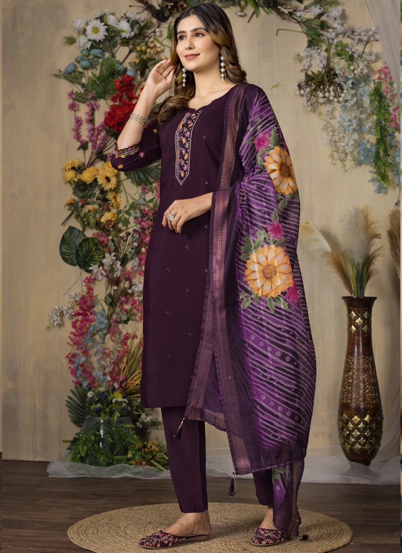 Prazu Fashion Wine Roman Silk Thread Embroidered Designer Kurta Set - Distacart