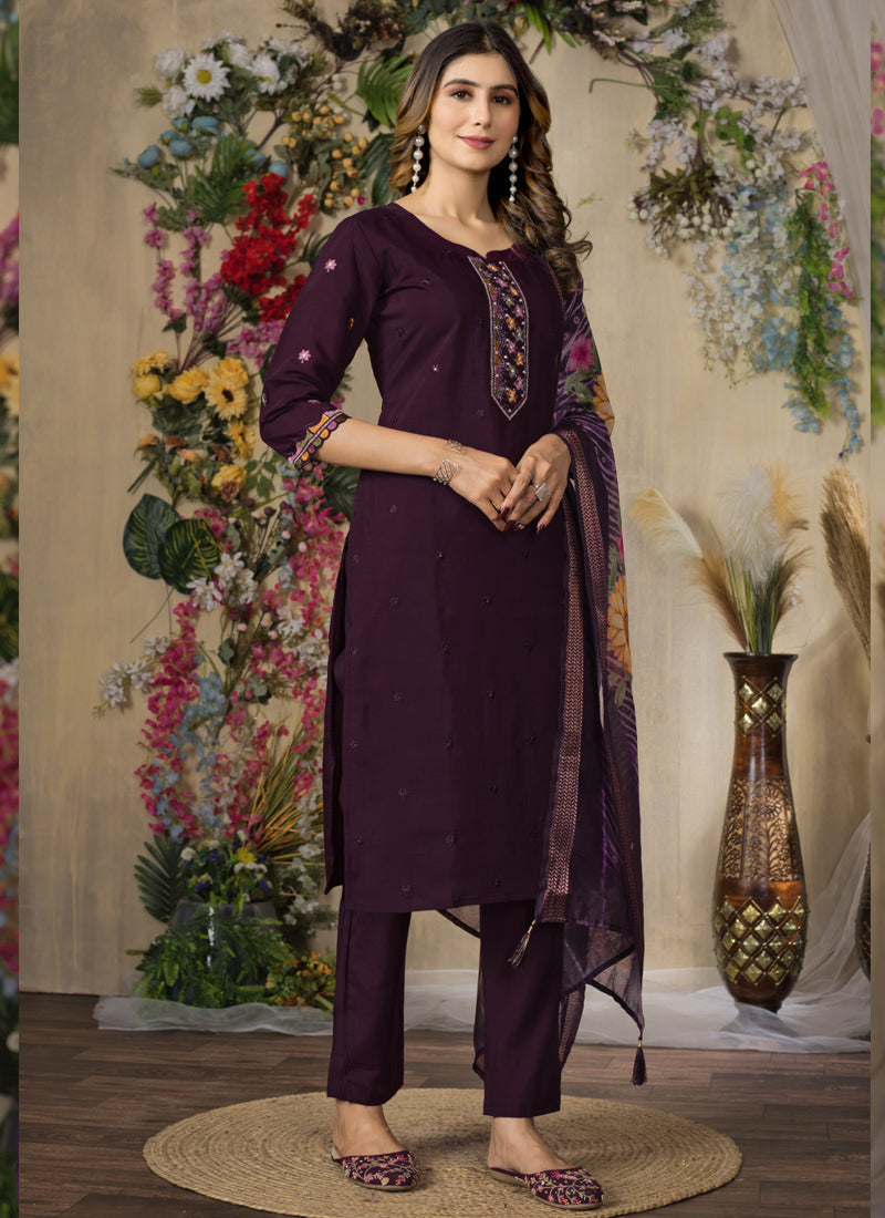 Prazu Fashion Wine Roman Silk Thread Embroidered Designer Kurta Set - Distacart
