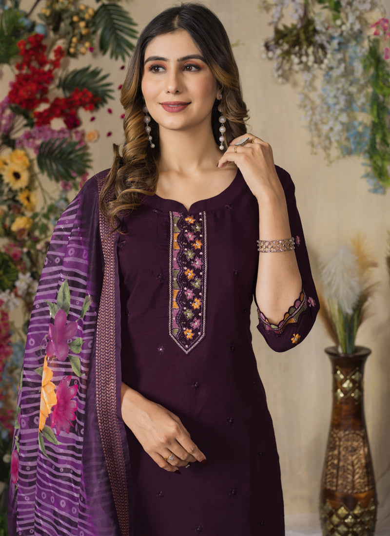 Prazu Fashion Wine Roman Silk Thread Embroidered Designer Kurta Set - Distacart