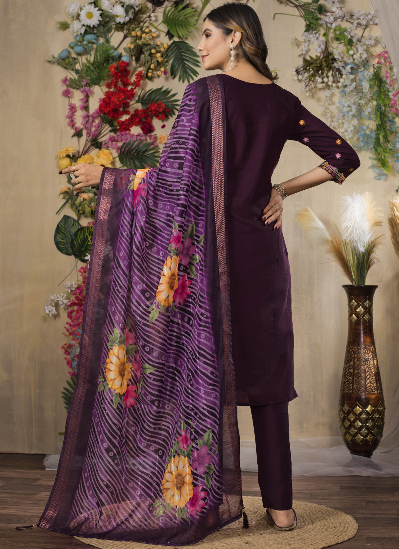 Prazu Fashion Wine Roman Silk Thread Embroidered Designer Kurta Set - Distacart