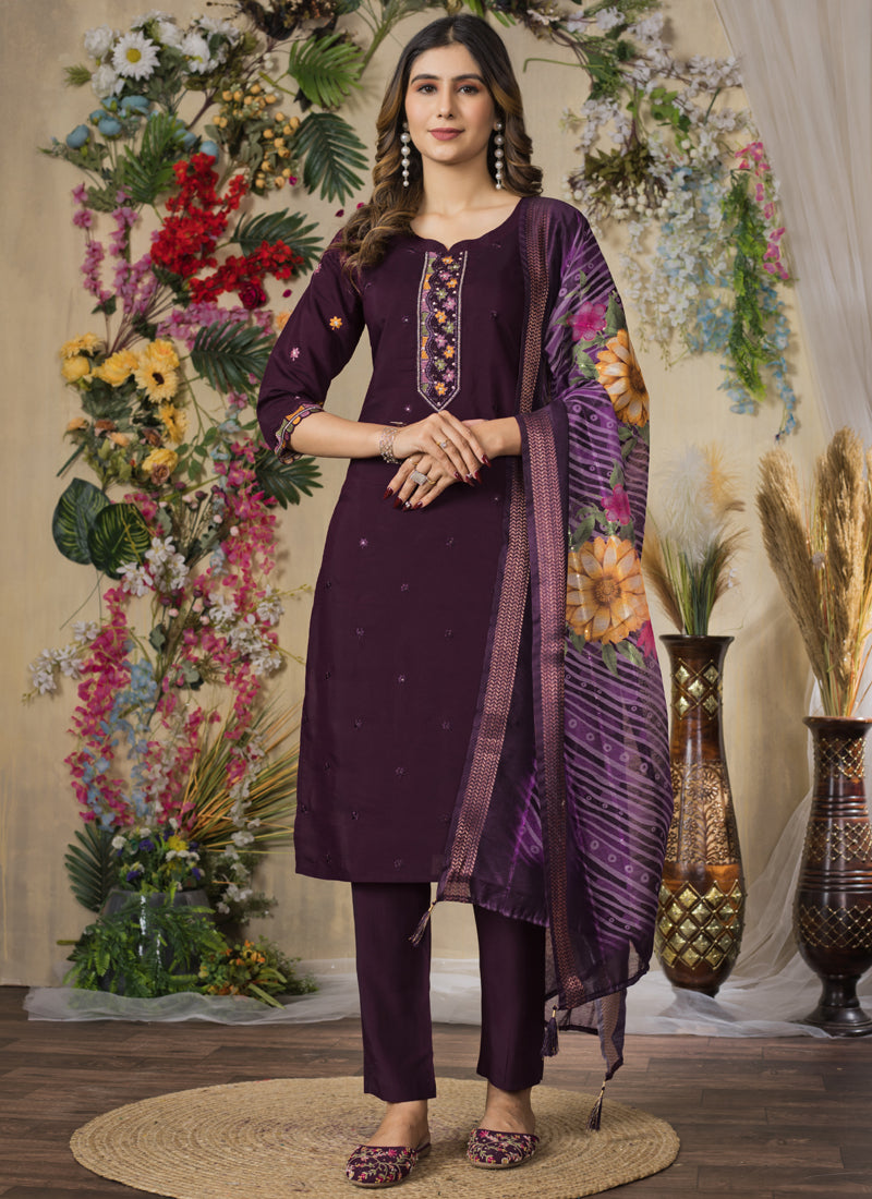 Prazu Fashion Wine Roman Silk Thread Embroidered Designer Kurta Set - Distacart