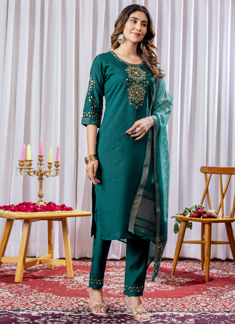 Prazu Fashion Rama Green Viscose Silk Thread Embroidered Designer Kurta Set - Distacart