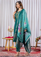 Prazu Fashion Rama Green Viscose Silk Thread Embroidered Designer Kurta Set - Distacart