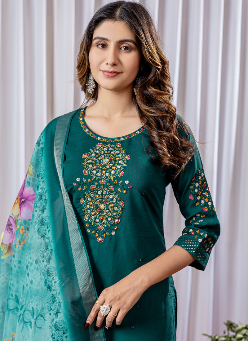Prazu Fashion Rama Green Viscose Silk Thread Embroidered Designer Kurta Set - Distacart