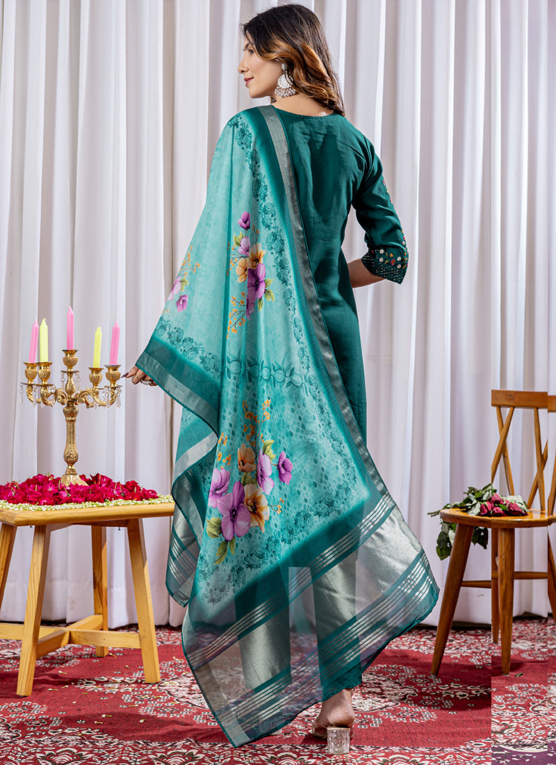 Prazu Fashion Rama Green Viscose Silk Thread Embroidered Designer Kurta Set - Distacart