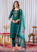 Prazu Fashion Rama Green Viscose Silk Thread Embroidered Designer Kurta Set - Distacart