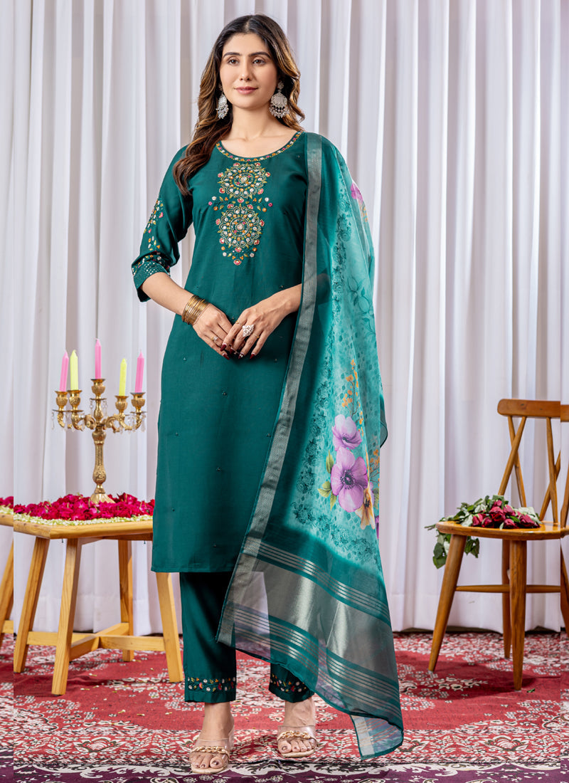 Prazu Fashion Rama Green Viscose Silk Thread Embroidered Designer Kurta Set - Distacart