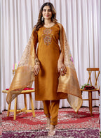 Prazu Fashion Mustard Viscose Silk Thread Embroidered Designer Kurta Set - Distacart