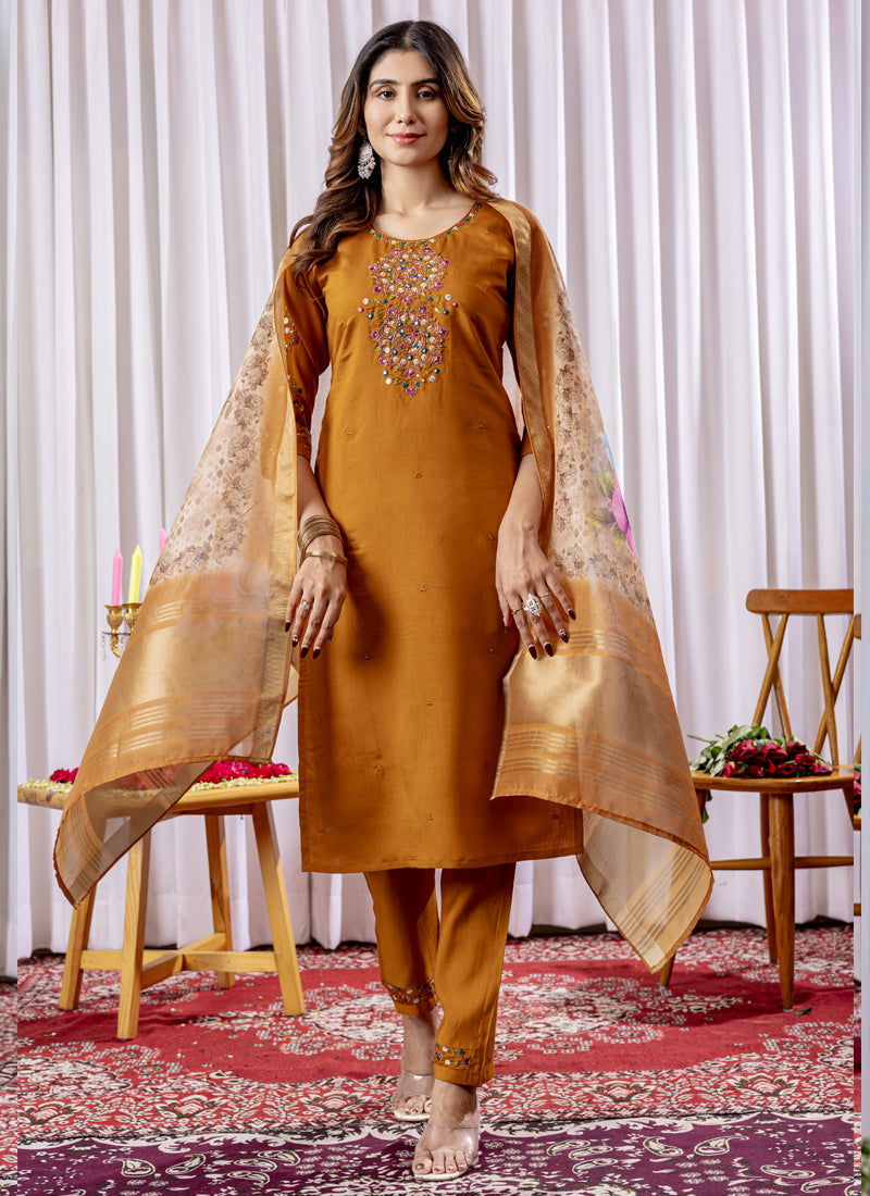 Prazu Fashion Mustard Viscose Silk Thread Embroidered Designer Kurta Set - Distacart