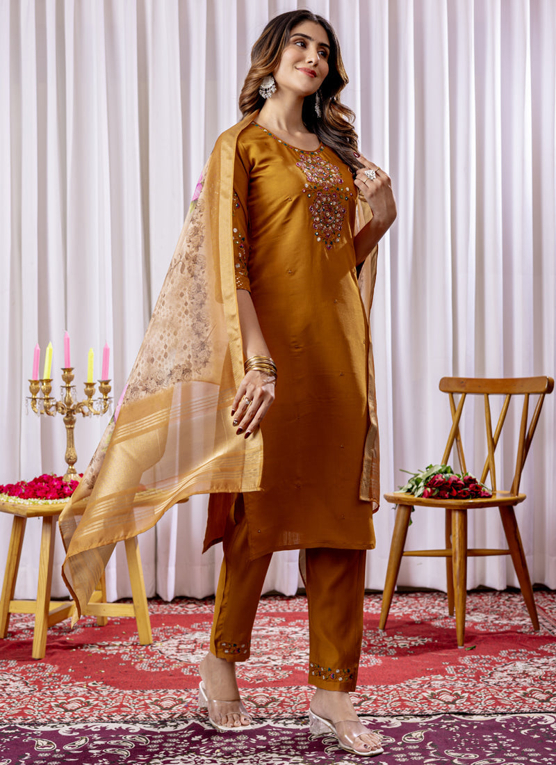 Prazu Fashion Mustard Viscose Silk Thread Embroidered Designer Kurta Set - Distacart