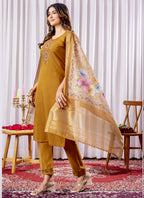 Prazu Fashion Mustard Viscose Silk Thread Embroidered Designer Kurta Set - Distacart