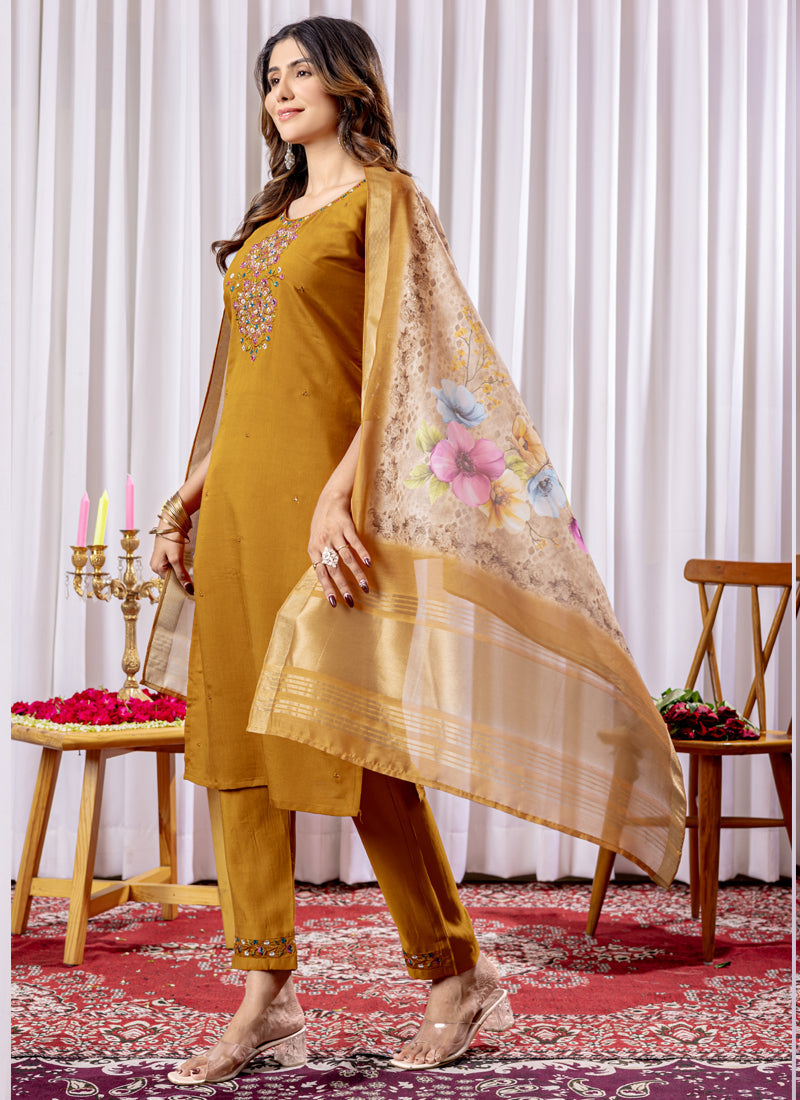 Prazu Fashion Mustard Viscose Silk Thread Embroidered Designer Kurta Set - Distacart