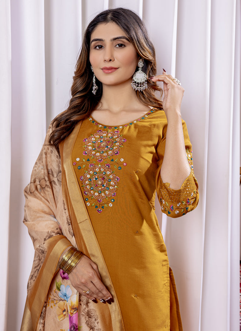 Prazu Fashion Mustard Viscose Silk Thread Embroidered Designer Kurta Set - Distacart