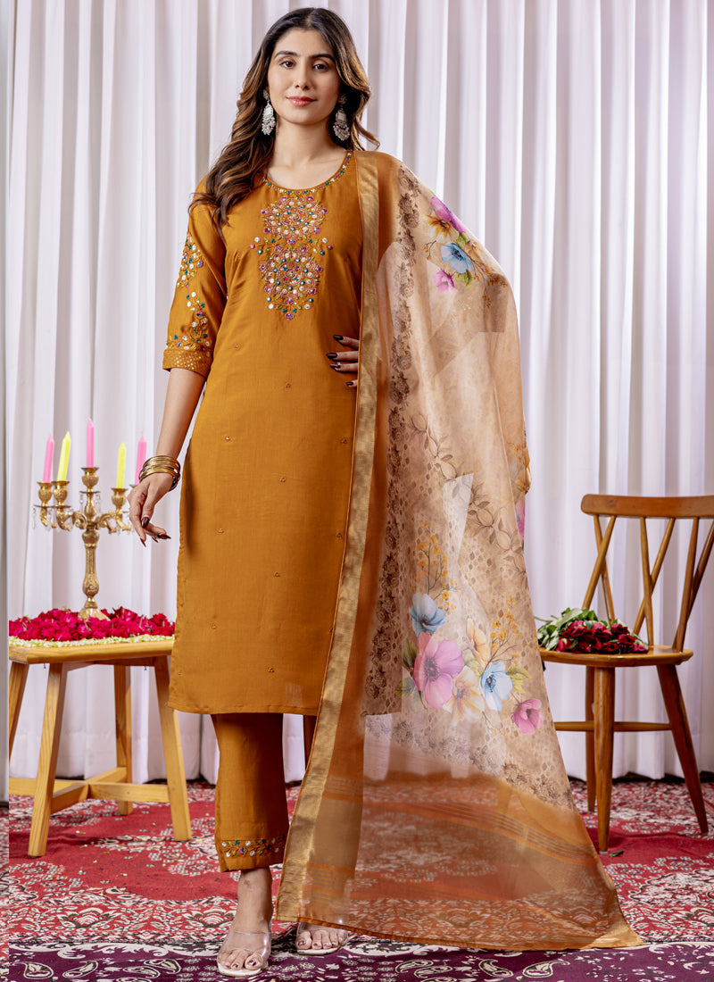 Prazu Fashion Mustard Viscose Silk Thread Embroidered Designer Kurta Set - Distacart