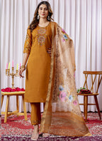 Prazu Fashion Mustard Viscose Silk Thread Embroidered Designer Kurta Set - Distacart