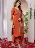 Prazu Fashion Orange Viscose Silk Thread Embroidered Designer Kurta Set - Distacart