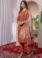 Prazu Fashion Orange Viscose Silk Thread Embroidered Designer Kurta Set - Distacart