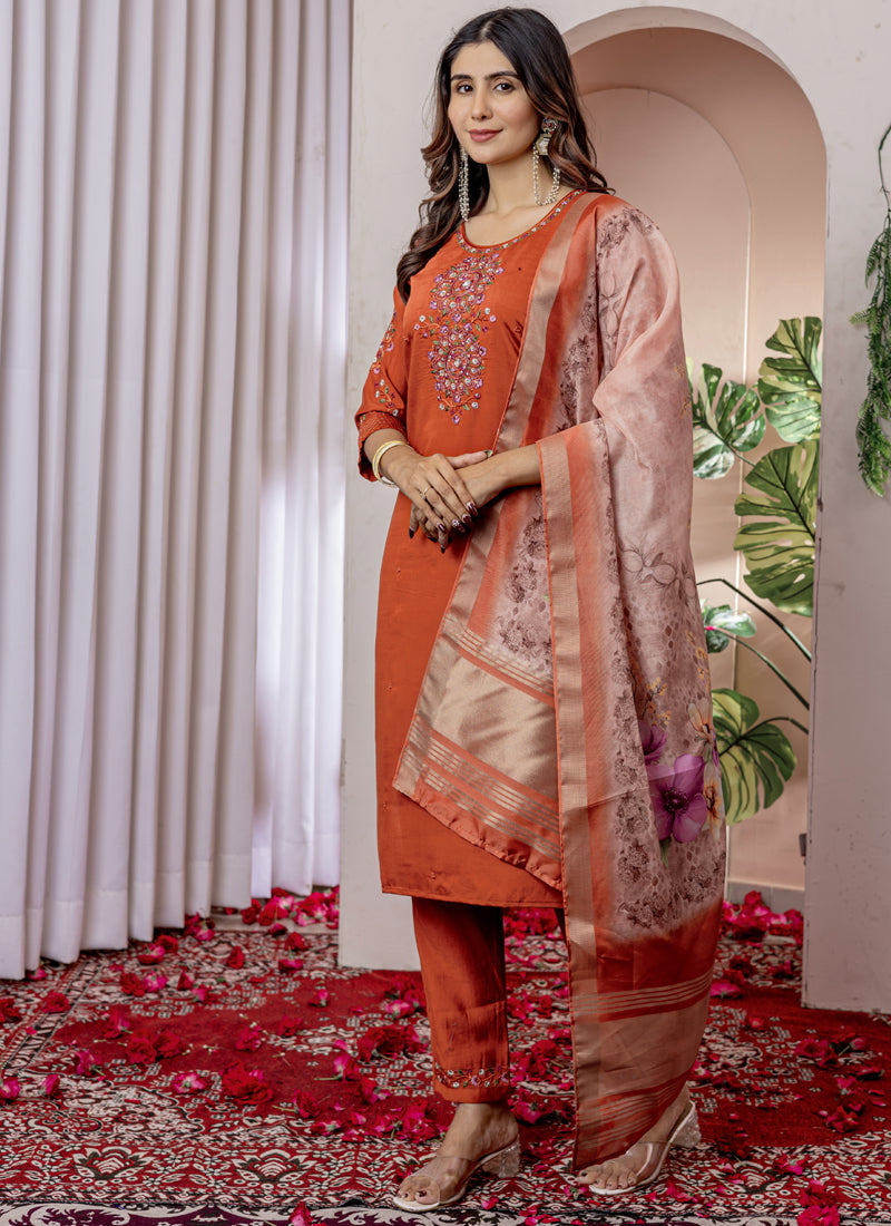 Prazu Fashion Orange Viscose Silk Thread Embroidered Designer Kurta Set - Distacart
