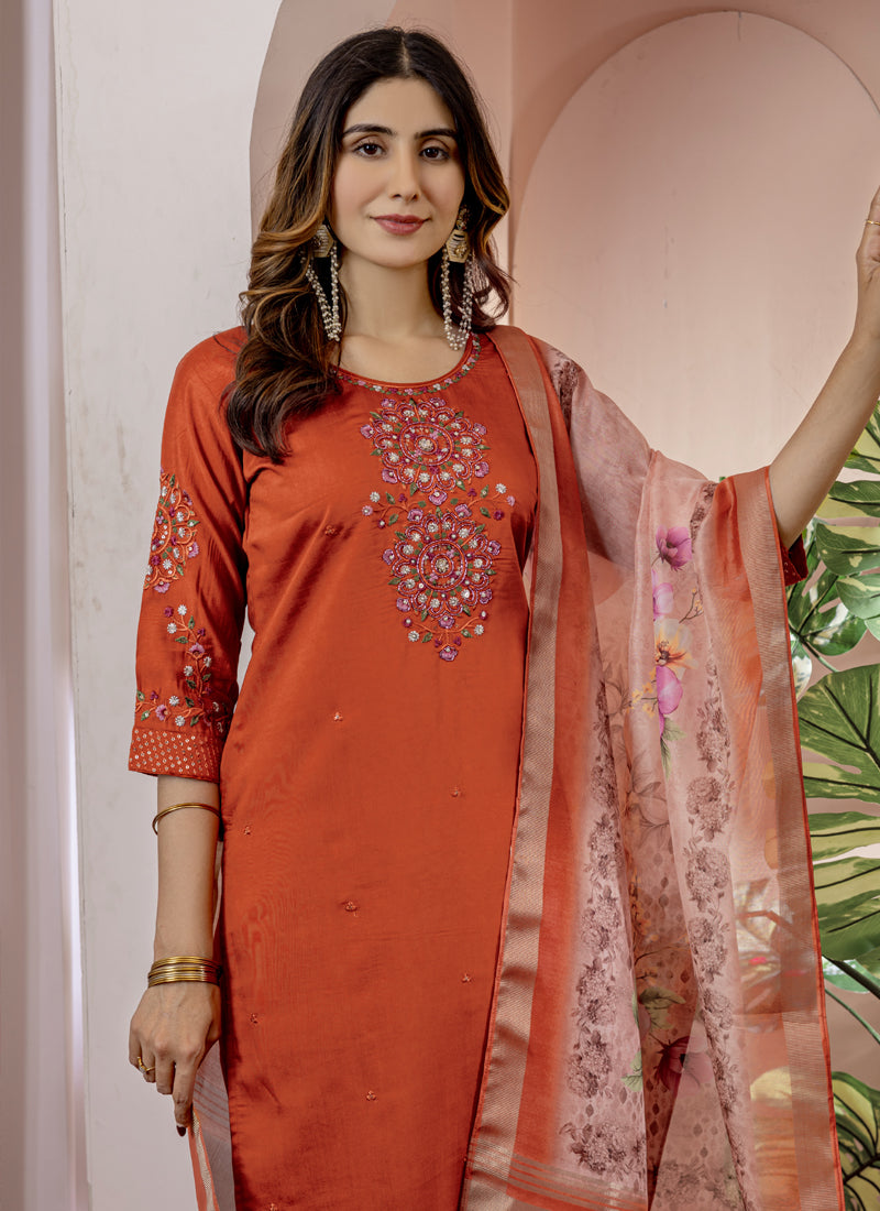 Prazu Fashion Orange Viscose Silk Thread Embroidered Designer Kurta Set - Distacart