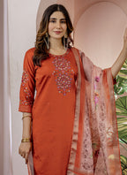 Prazu Fashion Orange Viscose Silk Thread Embroidered Designer Kurta Set - Distacart