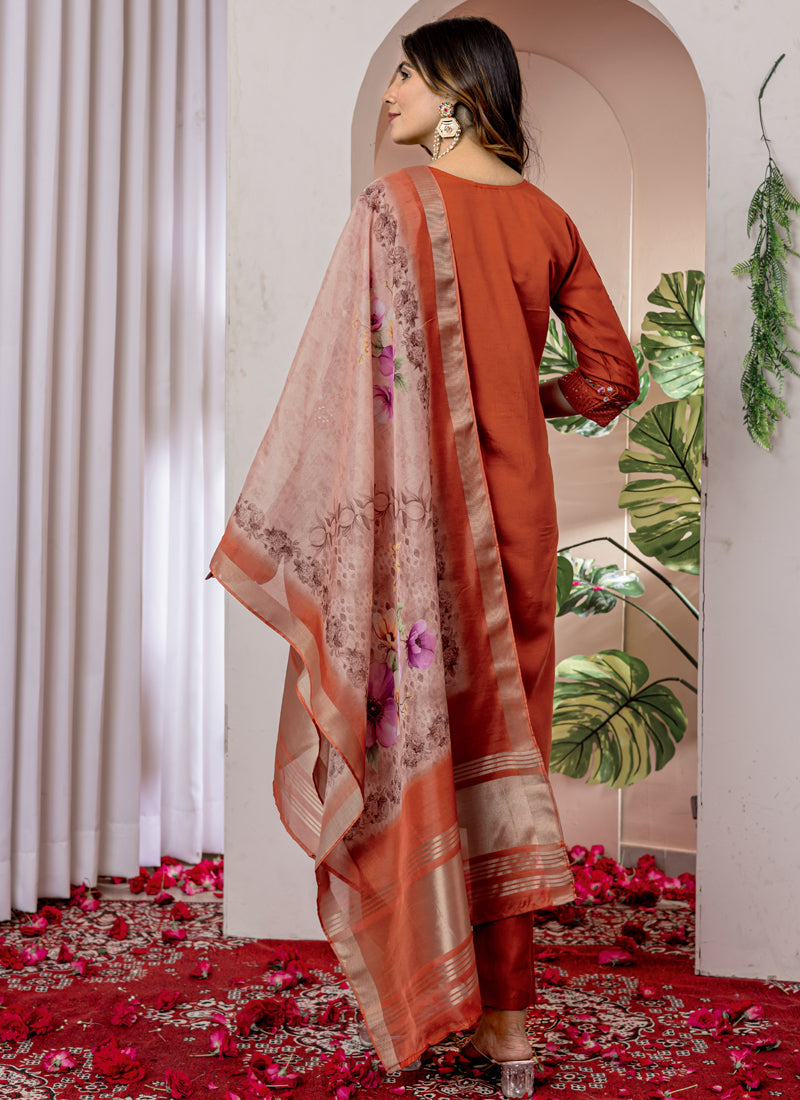 Prazu Fashion Orange Viscose Silk Thread Embroidered Designer Kurta Set - Distacart