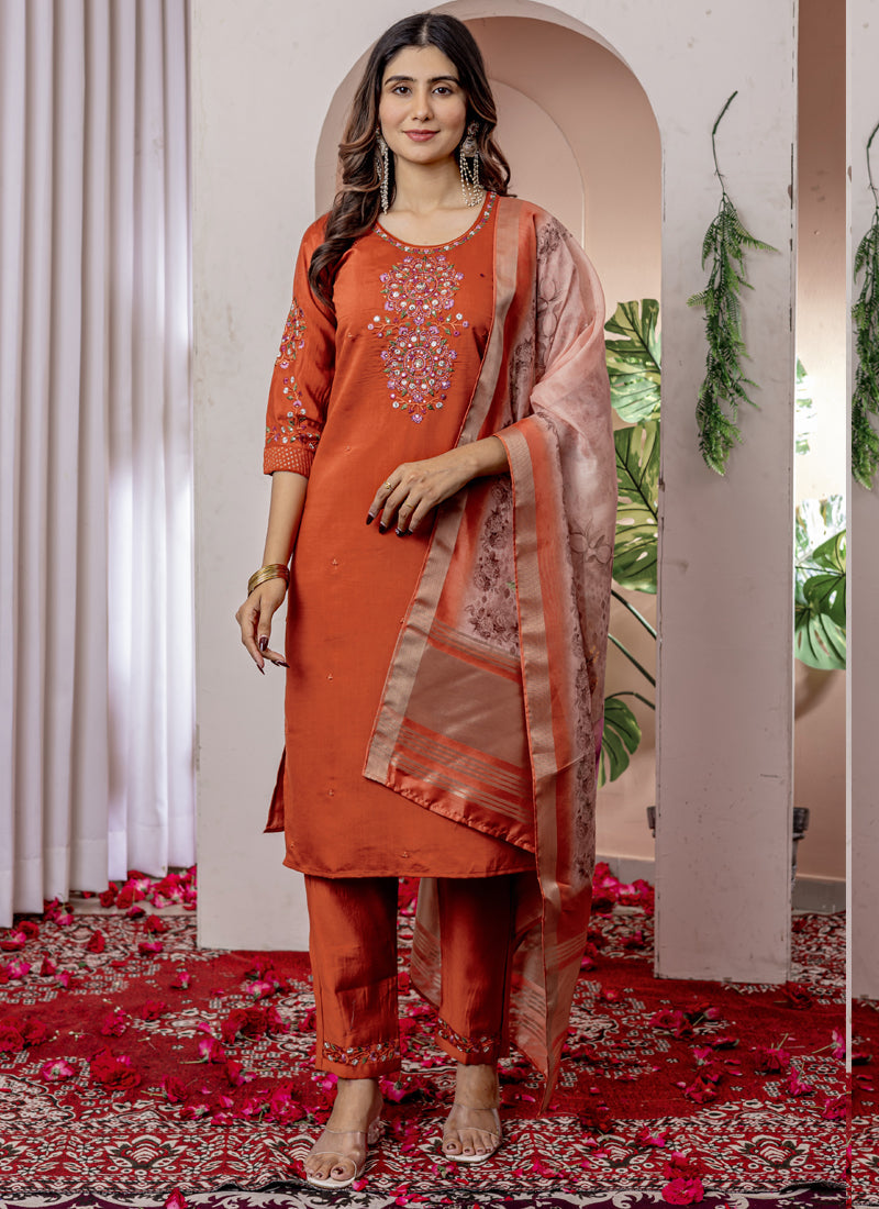 Prazu Fashion Orange Viscose Silk Thread Embroidered Designer Kurta Set - Distacart
