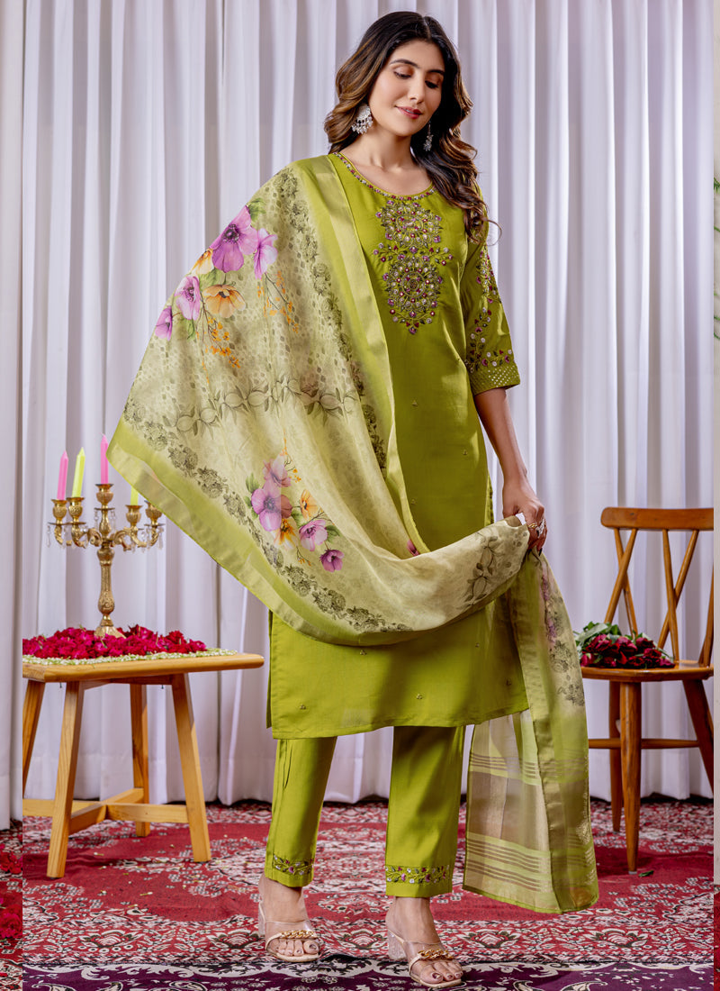 Prazu Fashion Parrot Green Viscose Silk Thread Embroidered Designer Kurta Set - Distacart