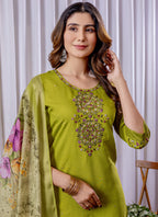 Prazu Fashion Parrot Green Viscose Silk Thread Embroidered Designer Kurta Set - Distacart