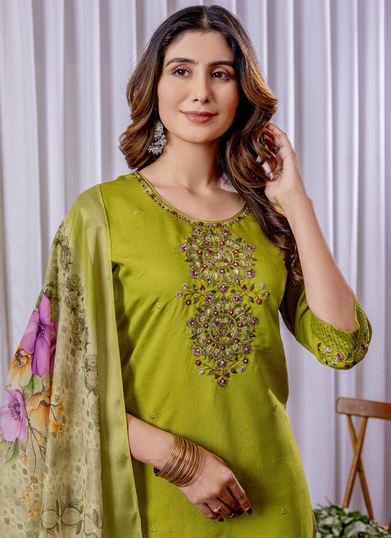 Prazu Fashion Parrot Green Viscose Silk Thread Embroidered Designer Kurta Set - Distacart