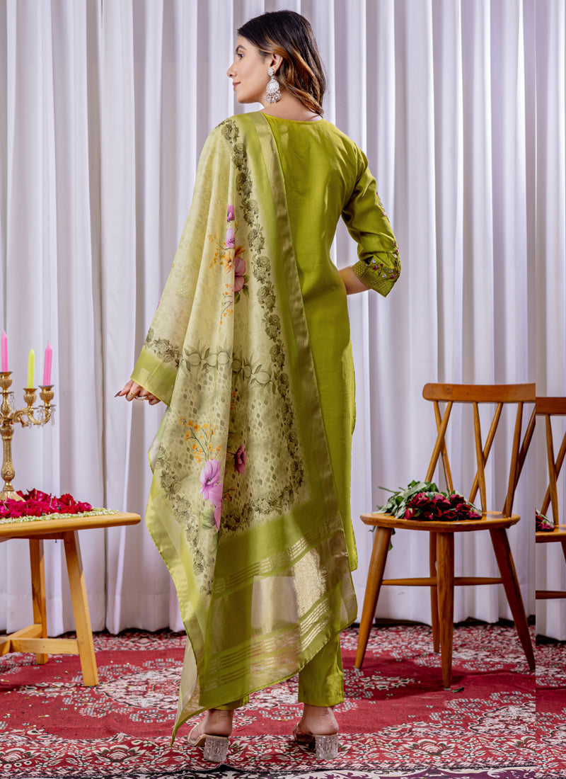 Prazu Fashion Parrot Green Viscose Silk Thread Embroidered Designer Kurta Set - Distacart