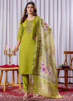 Prazu Fashion Parrot Green Viscose Silk Thread Embroidered Designer Kurta Set - Distacart