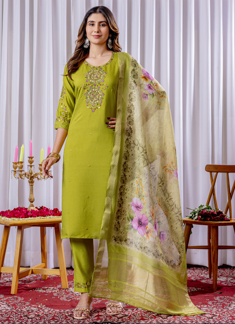 Prazu Fashion Parrot Green Viscose Silk Thread Embroidered Designer Kurta Set - Distacart