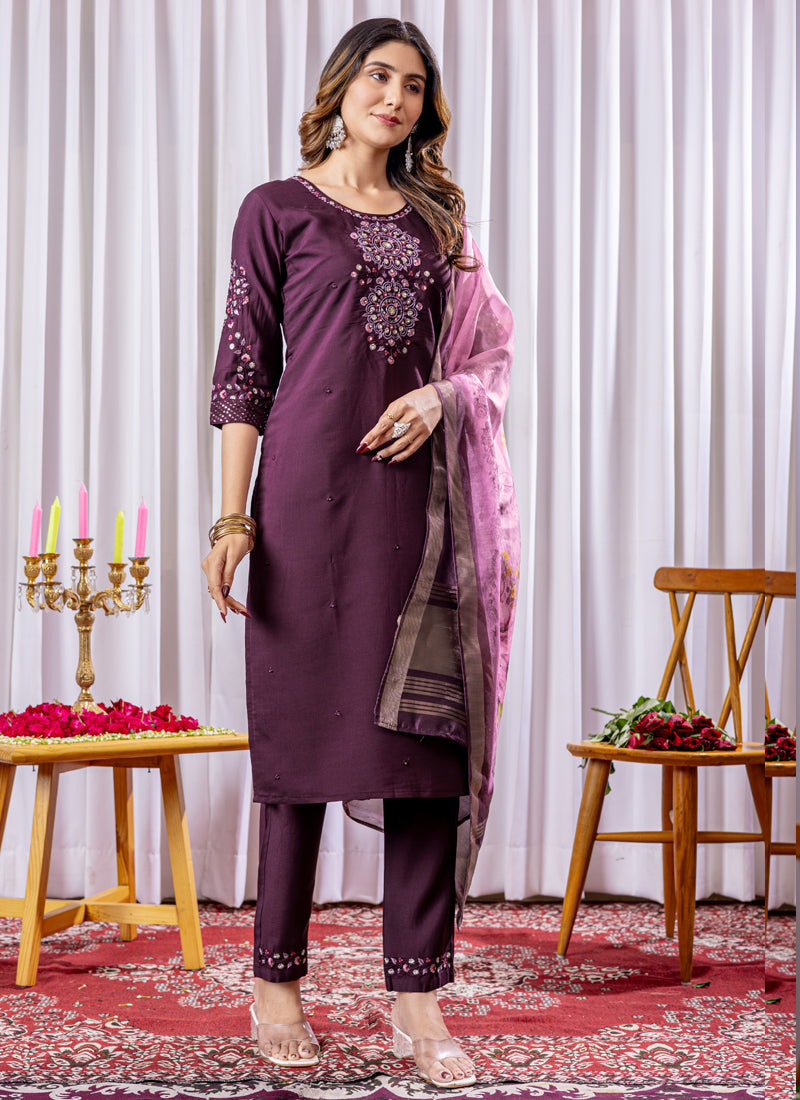 Prazu Fashion Wine Viscose Silk Thread Embroidered Designer Kurta Set - Distacart