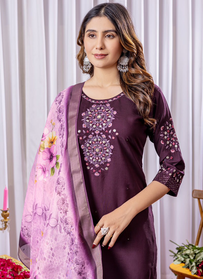 Prazu Fashion Wine Viscose Silk Thread Embroidered Designer Kurta Set - Distacart