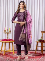Prazu Fashion Wine Viscose Silk Thread Embroidered Designer Kurta Set - Distacart