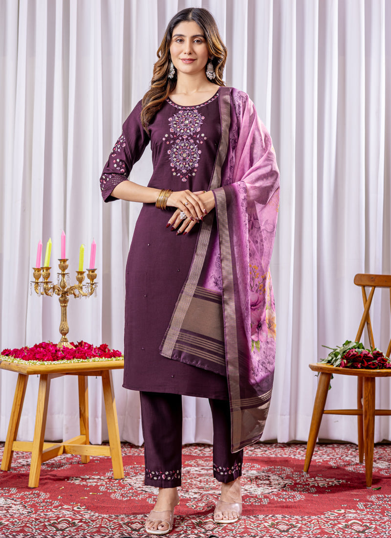 Prazu Fashion Wine Viscose Silk Thread Embroidered Designer Kurta Set - Distacart