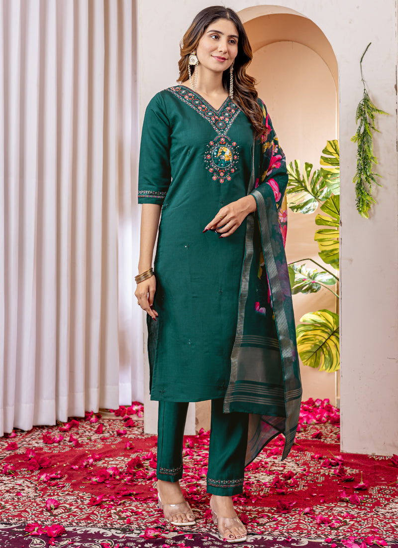 Prazu Fashion Green Viscose Silk Thread Embroidered Designer Kurta Set - Distacart