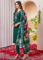 Prazu Fashion Green Viscose Silk Thread Embroidered Designer Kurta Set - Distacart