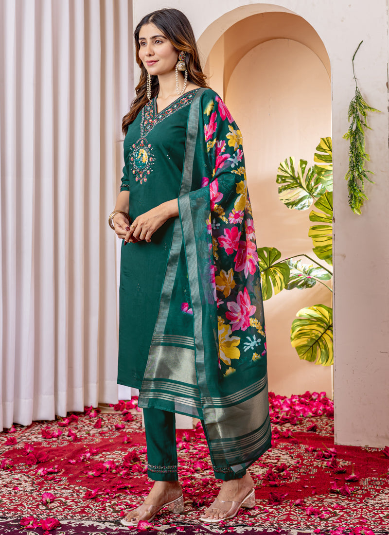 Prazu Fashion Green Viscose Silk Thread Embroidered Designer Kurta Set - Distacart