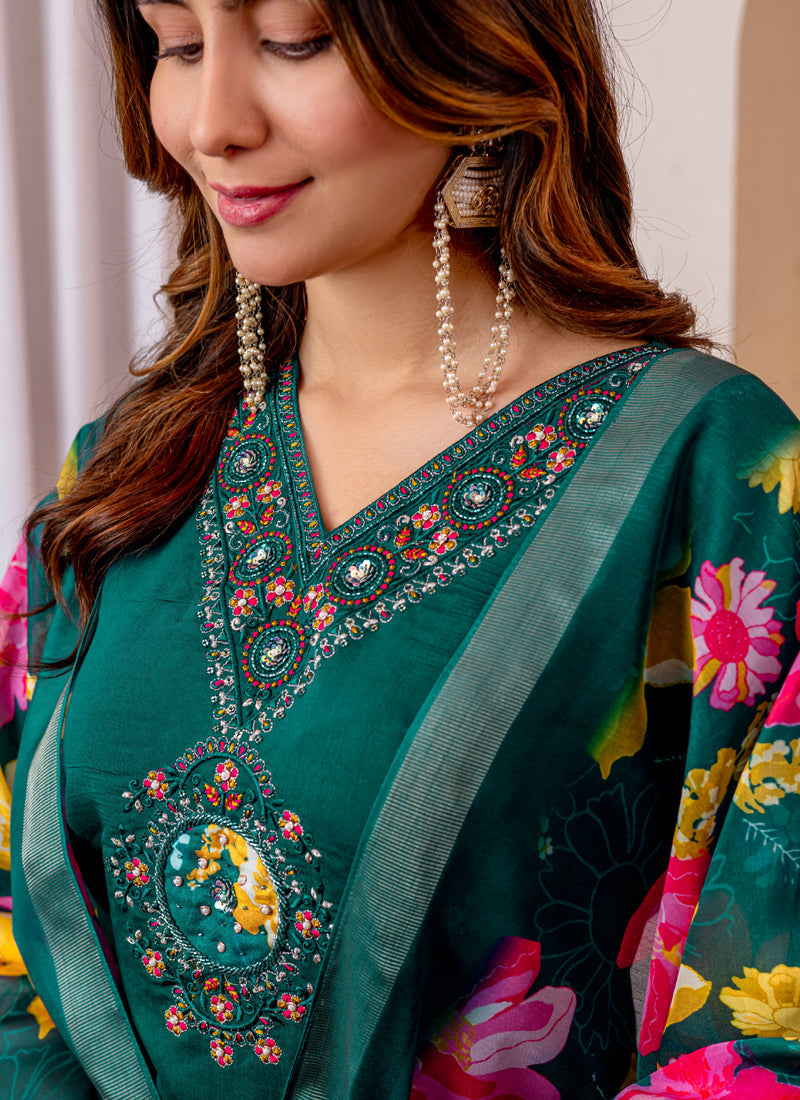 Prazu Fashion Green Viscose Silk Thread Embroidered Designer Kurta Set - Distacart