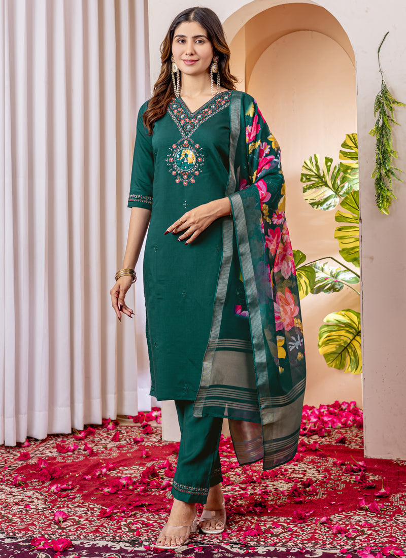 Prazu Fashion Green Viscose Silk Thread Embroidered Designer Kurta Set - Distacart