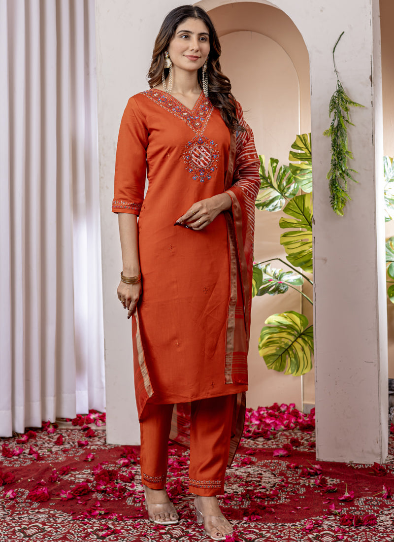 Prazu Fashion Orange Viscose Silk Thread Embroidered Designer Kurta Set - Distacart