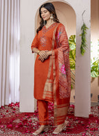 Prazu Fashion Orange Viscose Silk Thread Embroidered Designer Kurta Set - Distacart